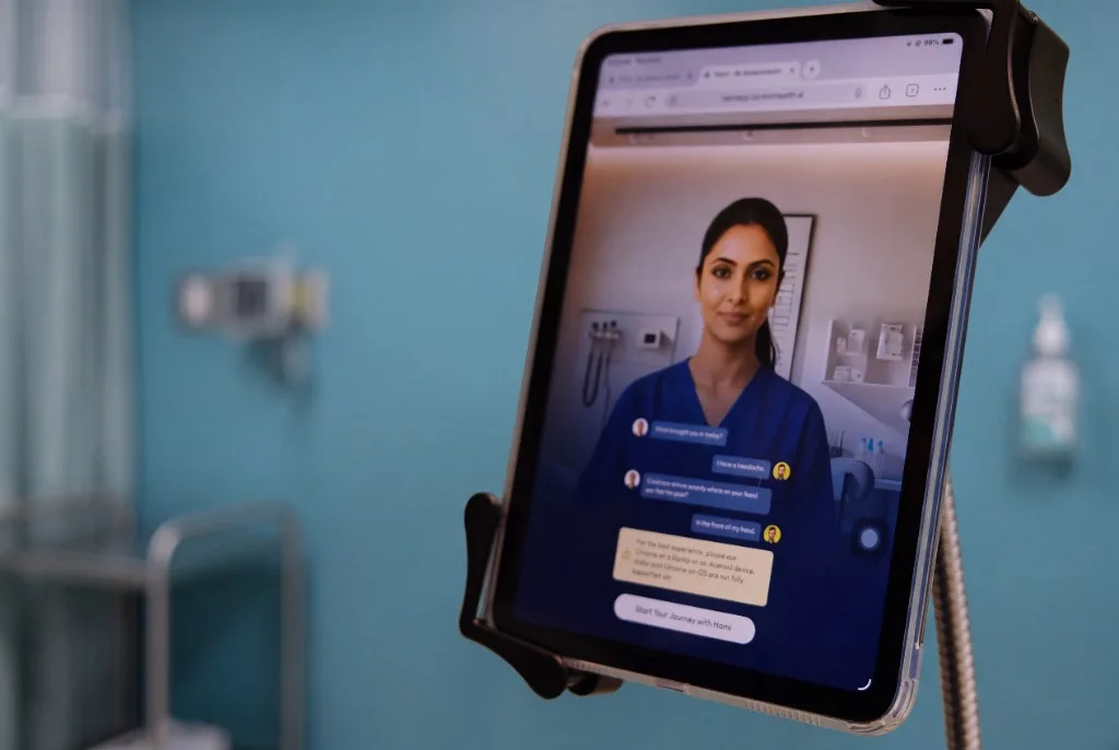 A tablet in an exam room showing Hami taking a patient’s history